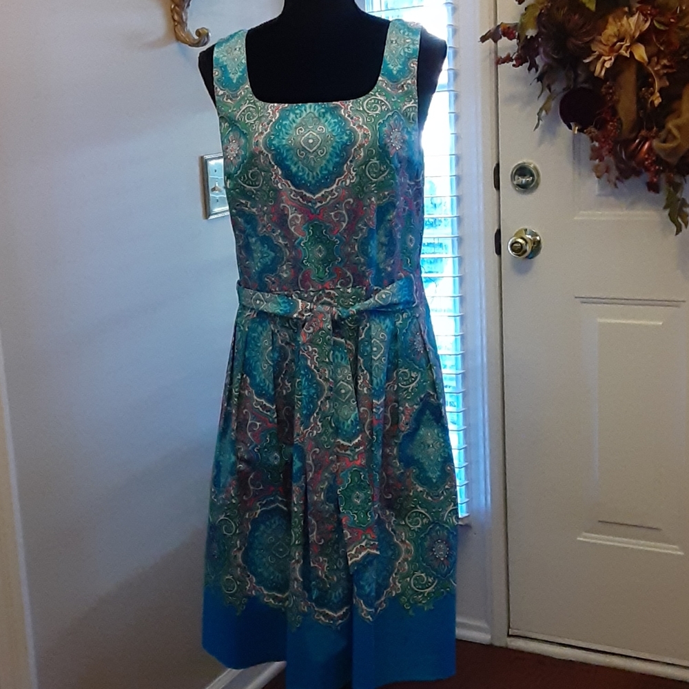 Talbots aqua pink white print sleeveless dress fitted bodice size 12 NEW…